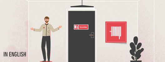 Illustration of fire safety e-learning in English with fire door and fire hose.