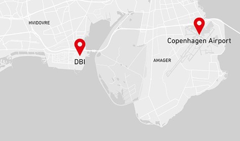 Kort over DBI’s placering tæt på Copenhagen Airport med fokus på marine brandtests, kundebesøg og adgang til DBI’s brandtestfaciliteter.