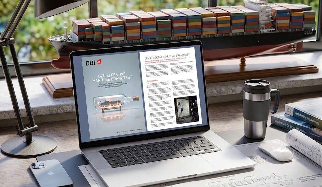 Laptop viser DBI-guide til maritim brandtest på skrivebord.