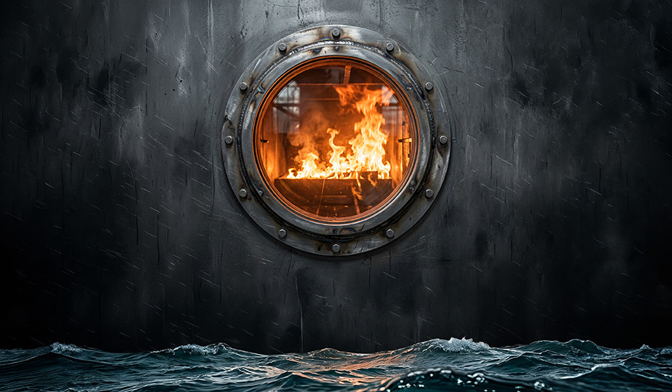 Flammer ses gennem koøje i skibsside med havvand i forgrunden.