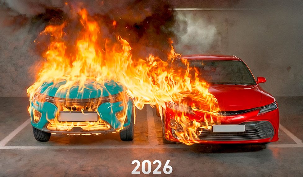 To parkerede biler omgivet af flammer og mørk røg med årstallet 2026 nederst.