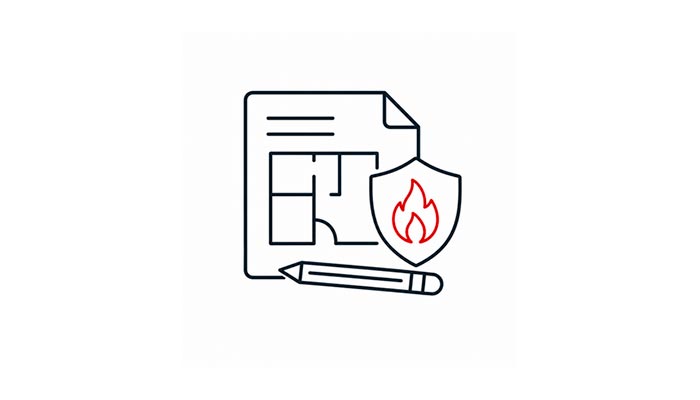 Dokument med plantegning, blyant og skjold med et flammesymbol.
