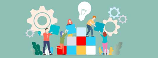 Illustration af et team medarbejdere som sammensætter et BrandAkademi i klodser