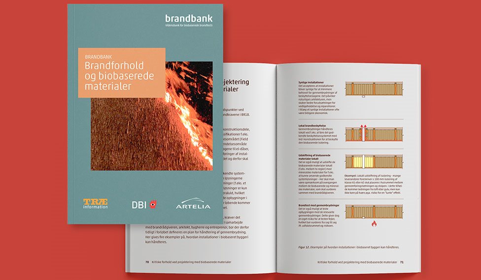 Publikation om brandforhold og biobaserede materialer vist som trykt hæfte og opslag.